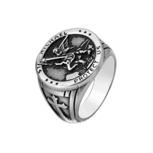 Bague Ange Michael Avec Face Ronde: Bijou Protecteur En Acier Inoxydable - Argent / 54.4 Mm