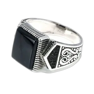 Bague Chevalière Argent Pierre Carrée D’onyx - 54.4 Mm / Noir