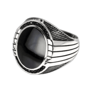 Bague Chevalière Argent Pierre Noir Ovale - Noir / 54.4 Mm