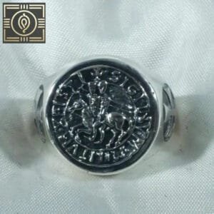 Bague Chevalière Argent Rhodié Face Ronde - Chevalier Templier - 54.4 Mm