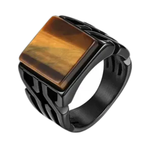 Bague Chevalière Carrée D’une Pierre Semi-précieuse - Symbole De Force Et De Puissance - 62.2 Mm / Noir