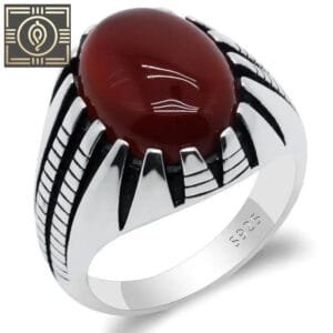 Bague Chevalière En Argent Avec Agate Rouge Naturelle - Rouge / 51.9 Mm