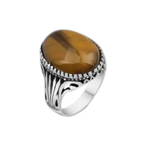 Bague Chevalière En Argent Massif Avec œil De Tigre - 55 Mm