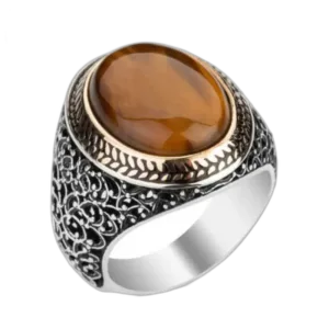 Bague Chevalière En Argent Massif Sertie D’une Pierre Semi-précieuse œil De Tigre - 64.97 Mm