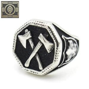 Bague Chevalière Face Octogonale Avec Haches Croisées - Argent / 54.4 Mm