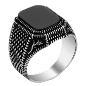 Bague Chevalière Homme Argent Rectangulaire Sertie D’une Pierre Onyx - 54.4 Mm