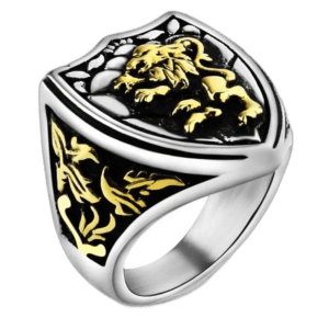 Bague Chevalière Homme Blason Lion: La Puissance Au Poignet - Or Et Argent / 54.5 Mm
