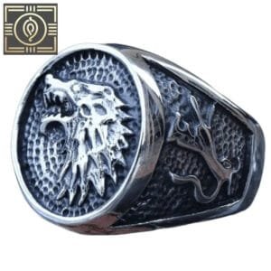 Bague Chevalière Homme Motard Avec Face Ronde Loup - 57 Mm