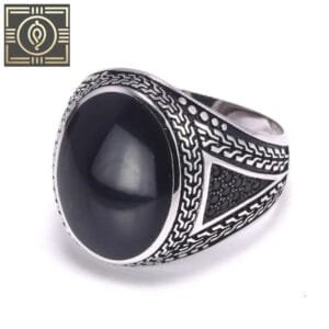 Bague Chevalière Homme: Pierre Ovale D’agate Magnifique - Noir / 54.4 Mm