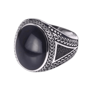 Bague Chevalière Homme: Pierre Ovale D’agate Magnifique - Noir / 54.4 Mm