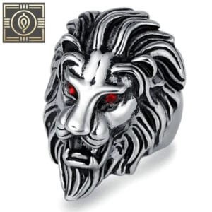 Bague Chevalière Lion Yeux Imitation Rubis - 54.4 Mm / Argent