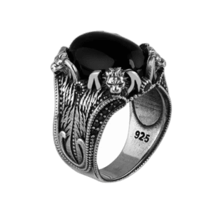 Bague Tête De Lion En Onyx Noir: élégance Et Puissance - 56 Mm