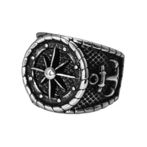 Boussole Viking: Bague Chevalière Face Ronde En Acier Inoxydable - 54.4 Mm
