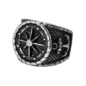 Boussole Viking: Bague Chevalière Face Ronde En Acier Inoxydable - 54.4 Mm